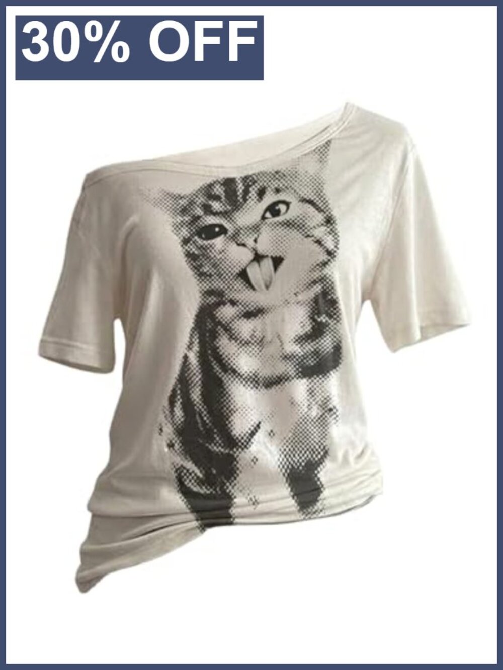Women's Off Shoulder Y2K Graphic Tee Oversized Funny Cat Print T-Shirt